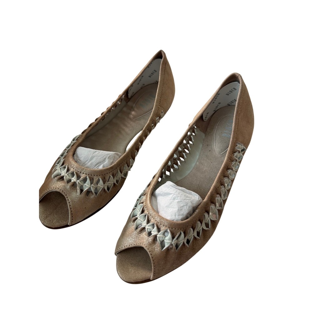 Bloch Metallic Tan Leather Peep Toe Flats Woven Lattice Detail Size 39.5 EU 9.5